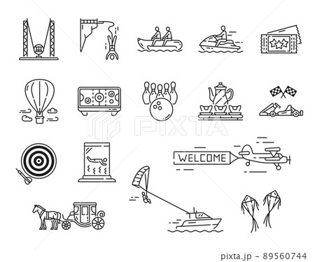 Amusement park, playground and funfair, extreme activity, carousel outline icons. Vector entertainment attractions, isolated hot air balloon, fun fair tickets, horse carriage, kites and boat parachute 89560744