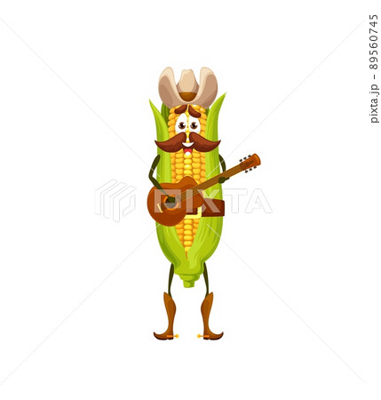 Cartoon corn cob cowboy character with guitar, vector American Western or Wild West musician. Funny maize vegetable food personage with mustache, cowboy hat and shoes with spurs playing guitar 89560745