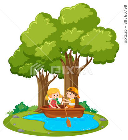 Boy and girl paddle the boat in the pond Boy and girl paddle the boat in the pond 89560799