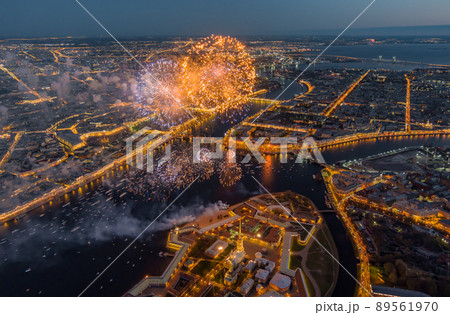 Festive salute over the Peter and Paul Fortress in a significant Victory Day for the country on May 9, improbable quantity of ships observes a show, an eternal flame of memory burns on rostral colons 89561970