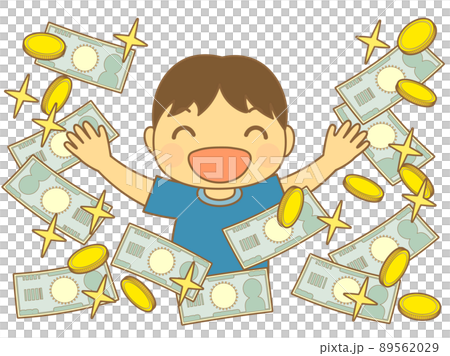 A person who is overjoyed surrounded by glittering bills and gold coins (with a main line) 89562029