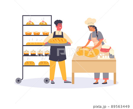 Bakers make dough and preparing loaves and cakes, vector illustration isolated. 89563449