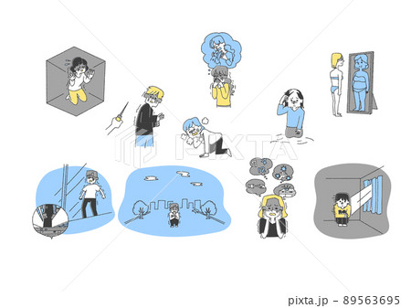 さまざまな心の病気、症状を抱える人々のセット　温かみのある手書きの人物イラスト 89563695