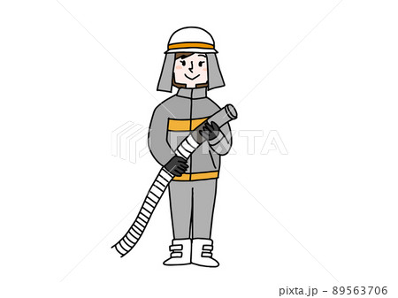 女性消防士 女性が活躍するさまざまな職業 コミカルな手書きの人物 ベクター 線画にカラーのイラスト素材