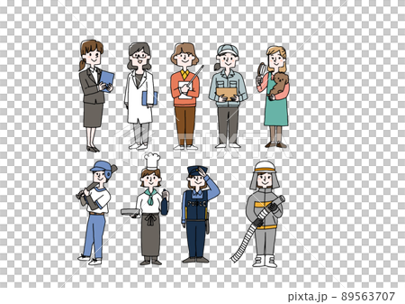 A set of various occupations in which women play an active role Comical handwritten person Vector, line drawing and color A set of various occupations in which women play an active role Comical handwritten person Vector, line drawing and color 89563707