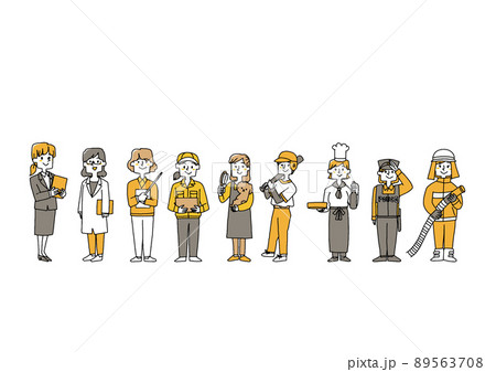 女性が活躍するさまざまな職業のセット コミカルな手書きの人物 ベクター、線画にカラー 女性が活躍するさまざまな職業のセット コミカルな手書きの人物 ベクター、線画にカラー 89563708