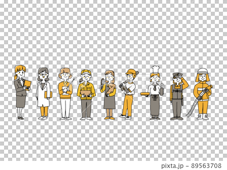 一組女性在其中發揮積極作用的各種職業 可笑的手寫人物 矢量、線條畫和顏色 89563708