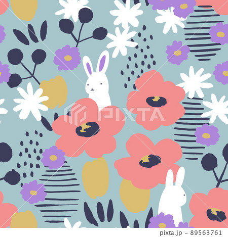 手描きのうさぎとお花の模様-シームレスなデータ1リピート分 89563761