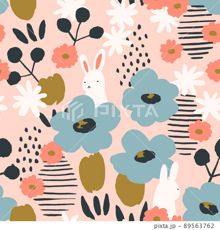 手描きのうさぎとお花の模様-シームレスなデータ1リピート分 89563762