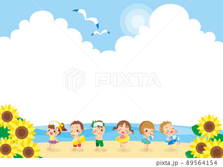海水浴場に遊びに来た可愛い子供たちのイラスト　テンプレート　コピースペース　フレーム　背景　風景 89564154