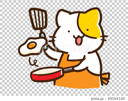 目玉焼きを作るかわいいねこのキャラクターの手書き風イラスト 89564180