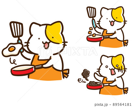 フライパンで料理をするかわいいねこのキャラクターの手書き風イラストセット 89564181