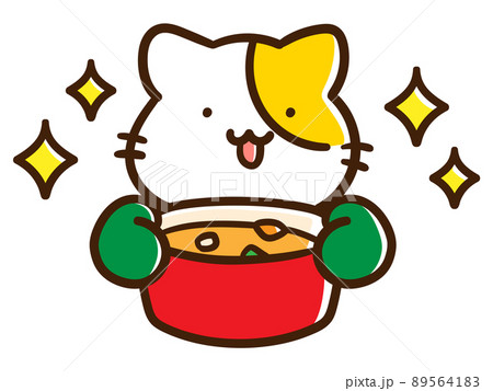 カレーライスが完成したかわいいねこのキャラクターの手書き風イラスト 89564183