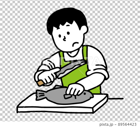 魚をさばくエプロン男性（シンプル） 89564423