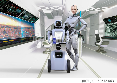 宇宙船の船内で食事を運ぶロボットと笑顔で横に立つアンドロイド 89564863