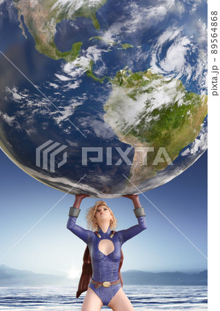 地球を守るために支えて持ち上げるスーパー能力の可愛い女性 89564868