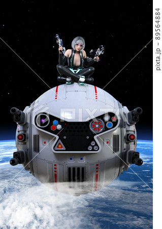 近未来の戦闘機で両手に銃を持って戦う女性戦士 89564884