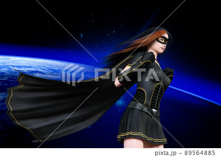 黒いスーツ、マスク、ケープで戦うスーパーヒロイン 89564885