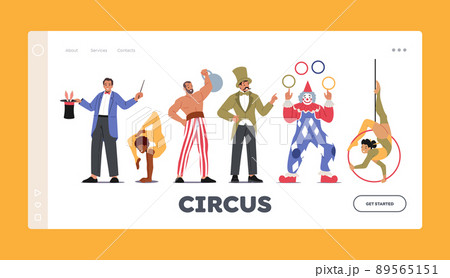 Circus Artists Landing Page Template. Magician with Rabbit, Gymnast and Acrobat, Strongman with Dumbbell 89565151
