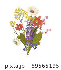 Bouquet with wild flowers and leaves. Vintage illustration for fabric design. Foliage illustration. Trendy floral 89565195