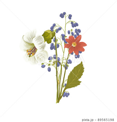 Bouquet with wild flowers and leaves. Vintage illustration for fabric design. Foliage illustration. Trendy floral 89565198