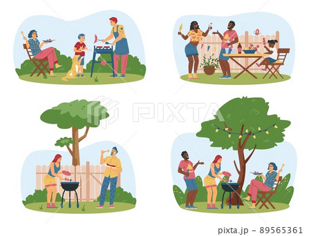 Families and neighbors have barbecue garden party at the backyard. Picnic at the park, flat vector illustration. Families and neighbors have barbecue garden party at the backyard. Picnic at the park, flat vector illustration. 89565361
