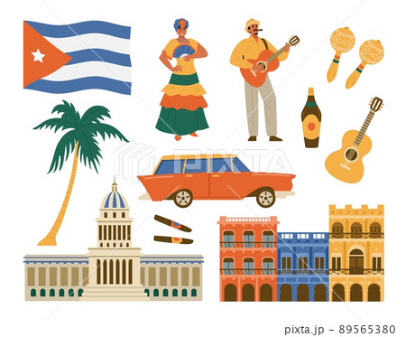 Havana, Cuba theme vector clip art and icons set. Cuban flag, vintage retro car, building and authentic Cuban people. Havana, Cuba theme vector clip art and icons set. Cuban flag, vintage retro car, building and authentic Cuban people. 89565380