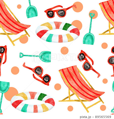 Watercolor hand drawn seamless pattern with beach vibe holiday summer vacation. Sea ocean nautical elements swimwear swimsuit flamingo palm tropical hawaii design. Ice cream bag hat. 89565569