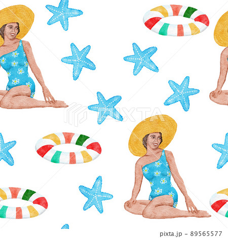 Watercolor hand drawn seamless pattern with beach vibe holiday summer vacation, woman star. Sea ocean nautical elements swimwear swimsuit flamingo palm tropical hawaii design. Ice cream bag hat. 89565577