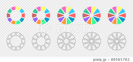 Donut charts divided in 10 multicolored and graphic sections. Infographic wheels set. Circle diagrams or loading bars. Round shapes cut in ten equal parts 89565762