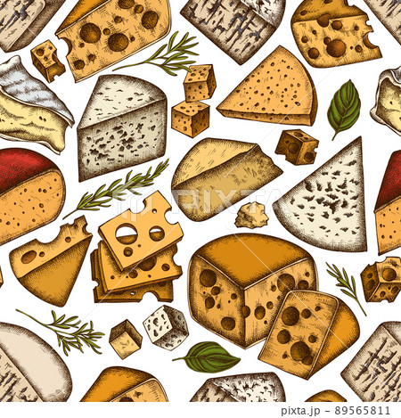 Cheese seamless pattern background design. Engraved style. Hand drawn brie, gouda cheese, roquefort Cheese seamless pattern background design. Engraved style. Hand drawn brie, gouda cheese, roquefort 89565811