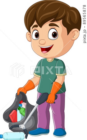 Cartoon boy gathering bottles into black plastic bag Cartoon boy gathering bottles into black plastic bag 89565878