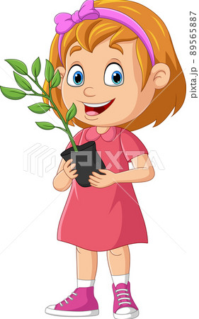 Cute little girl holding plants in pot 89565887
