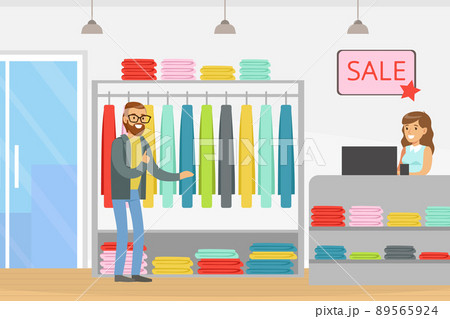Young Bearded Man in Fashion Store Choosing Shirt Doing Shopping Vector Illustration 89565924
