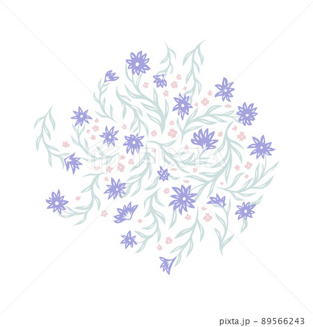Vector illustration of delicate small purple and pink flowers on stems in circle composition on a white background. Natural clipart Vector illustration of delicate small purple and pink flowers on stems in circle composition on a white background. Natural clipart 89566243