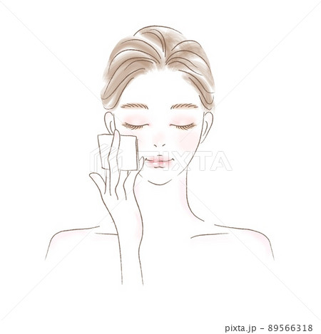 コットンでスキンケアする若い女性の上半身イラスト コットンでスキンケアする若い女性の上半身イラスト 89566318