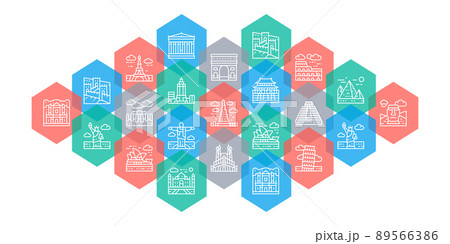 Travel Landmark web page banner. Egypt, Italy, United Kingdom, France, India, USA line icons concept isolated on white background. 89566386