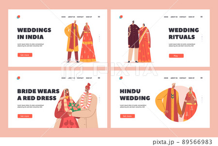 Traditional Indian Couples Wedding Landing Page Template Set.Happy Groom and Bride Characters Wear Festive Clothes Traditional Indian Couples Wedding Landing Page Template Set.Happy Groom and Bride Characters Wear Festive Clothes 89566983