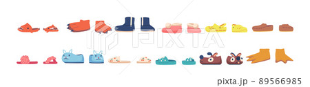 Collection of Different Colorful House Slippers for Children. Set of Funny Domestic Footwear for Kids Isolated on White Collection of Different Colorful House Slippers for Children. Set of Funny Domestic Footwear for Kids Isolated on White 89566985