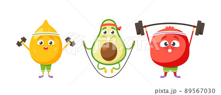 Fruits Characters Lemon, Avocado and Garnet Sport Exercises. Funny Sportsmen Personages for Kids Menu, Vitamin Food 89567030