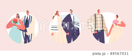 Set Jewish Couples Wedding Ceremony Round Icons, Modern Jew Groom and Bride Characters Wear Festive Clothes, Newlyweds 89567031