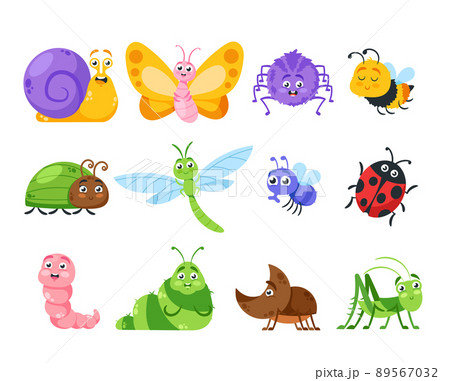 Set of Cute Insects Cartoon Characters. Isolated Snail, Butterfly, Spider and Bee, Bug, Dragonfly or Fly with Ladybug 89567032