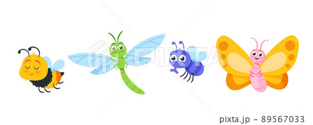 Set of Cute Insects Cartoon Characters. Butterfly, Bee, Dragonfly or Fly Isolated on White Background. Funny Personages Set of Cute Insects Cartoon Characters. Butterfly, Bee, Dragonfly or Fly Isolated on White Background. Funny Personages 89567033