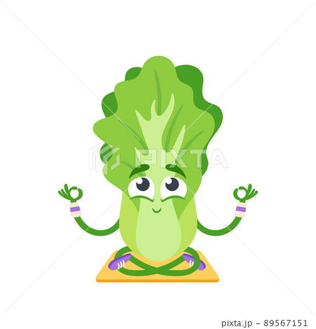 Cartoon Happy Chinese Cabbage Character on Yoga or Fitness Sport. Healthy Food Sit in Meditation Asana, Lotus Pose 89567151