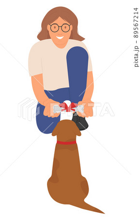 Girl gives a gift to her pet. Bone tied with a gift ribbon for a dog. Concept. Cartoon. Vector. Girl gives a gift to her pet. Bone tied with a gift ribbon for a dog. Concept. Cartoon. Vector. 89567214