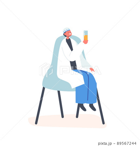 Little Arab Boy Wear Traditional Clothes Sitting on Stool Holding Glass with Drink in Hands Isolated on White Background 89567244
