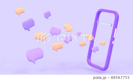 3D Mobile chat dialog. Smartphone with speech bubbles icons or sms messages on purple background, angle view. Communication in messenger, chatbot, social media chatting concept, 3d render illustration 3D Mobile chat dialog. Smartphone with speech bubbles icons or sms messages on purple background, angle view. Communication in messenger, chatbot, social media chatting concept, 3d render illustration 89567755