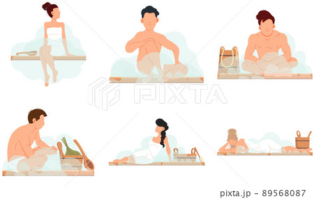 Set of illustrations people and wellness spa procedures, characters relaxing in sauna or banya 89568087