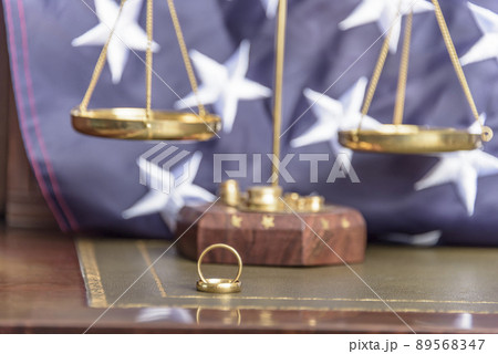 Family Law. Desktop photograph of law firm specialising in family law with the united states flag in the background. 89568347