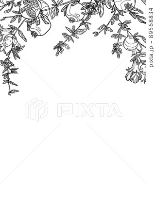Invitation with pomegranate branches. Outline drawing fruit, leaves, buds, twigs 89568834